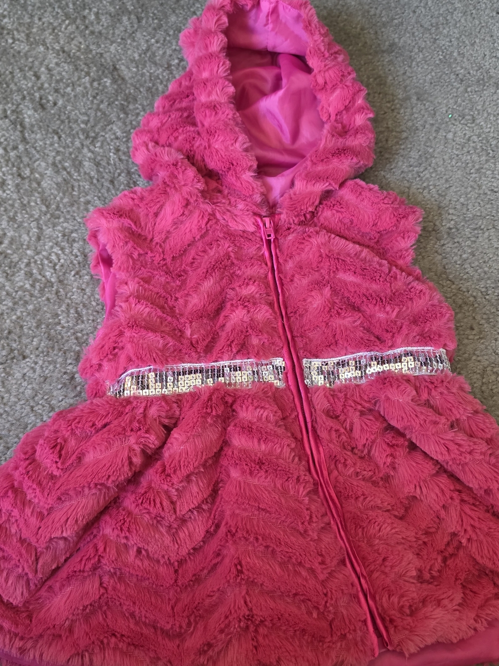 Girls' Faux Fur Hot Pink Hooded Vest with Sequin Waistband